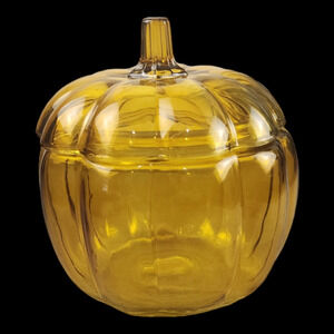 Vintage Orange Glass Pumpkin Cookie Jar / Candy Bowl with Lid Halloween Fall